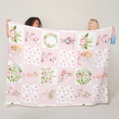 Baby Pink Floral Animals Quilt Nursery Pattern Fleece Blanket