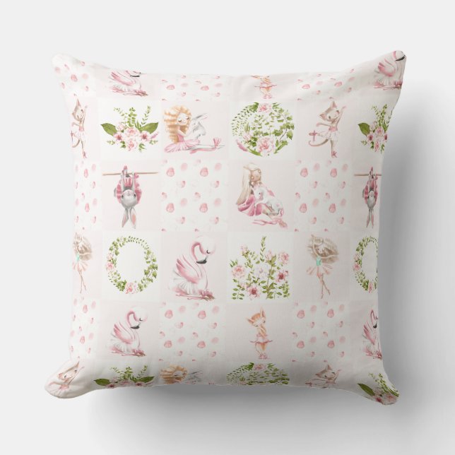 Baby Pink Floral Animals Quilt Nursery Pattern Throw Pillow (Front)