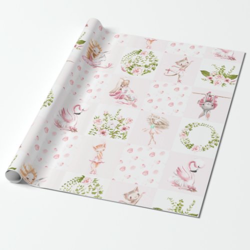 Baby Pink Floral Animals Quilt Nursery Pattern Wrapping Paper