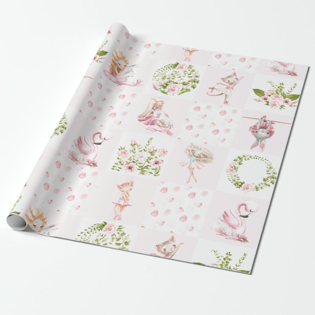 Baby Pink Floral Animals Quilt Nursery Pattern Wrapping Paper (Unrolled)
