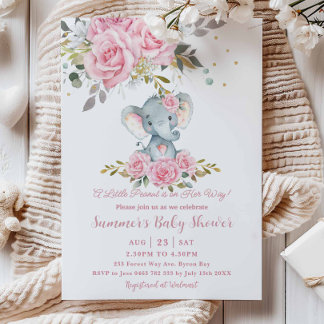 Baby Pink Floral Cute Elephant Girl Baby Shower Invitation