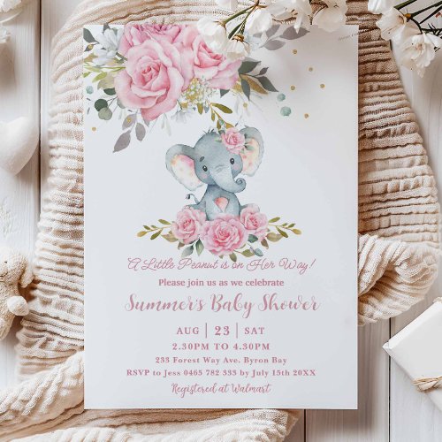 Baby Pink Floral Cute Elephant Girl Baby Shower