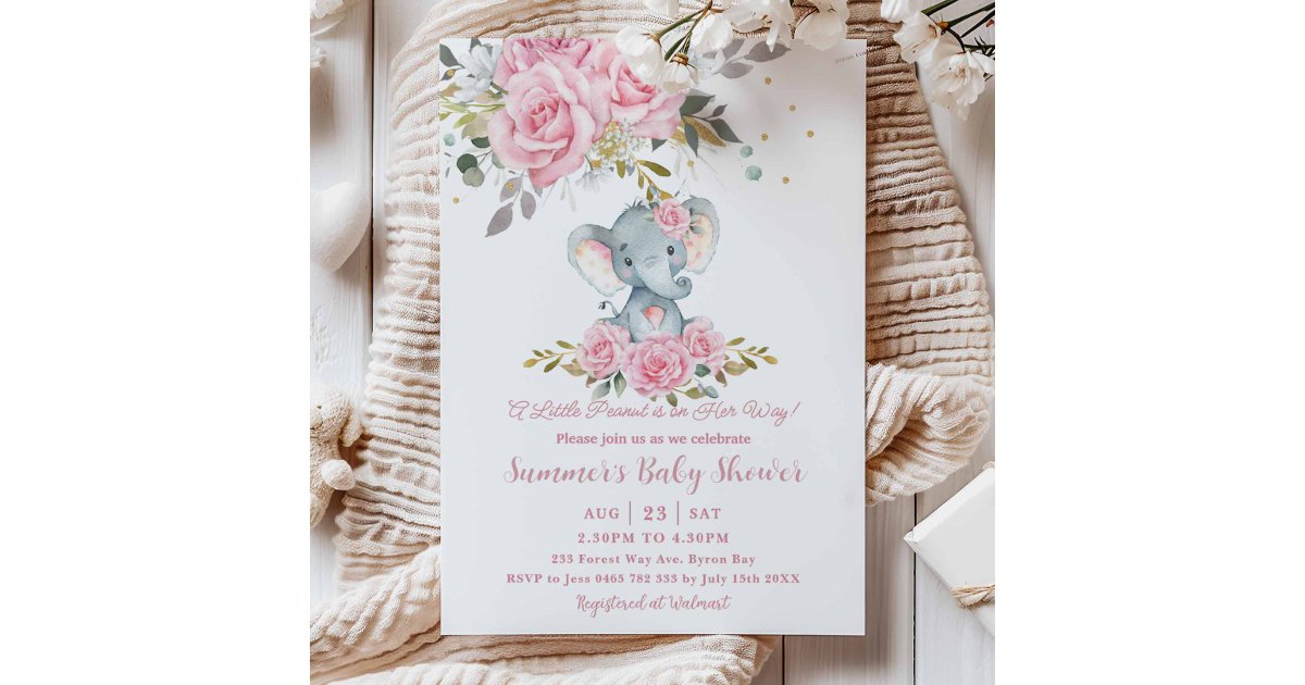 Baby Pink Floral Cute Elephant Girl Baby Shower Invitation | Zazzle