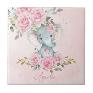 Baby Pink Floral Cute Elephant Nursery Bedroom Ceramic Tile