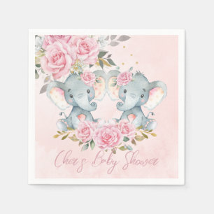 Baby Pink Floral Cute Elephants Twins Baby Shower Napkins