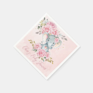 Baby Pink Floral Cute Elephants Twins Baby Shower Napkins