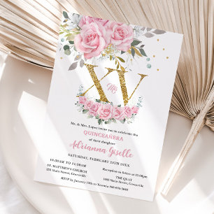 Baby Pink Floral Gold XV Quinceañera Quince 15 Invitation