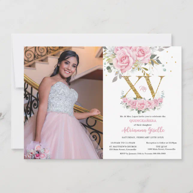 Baby Pink Floral Gold XV Quinceaera Quince Photo Invitation | Zazzle