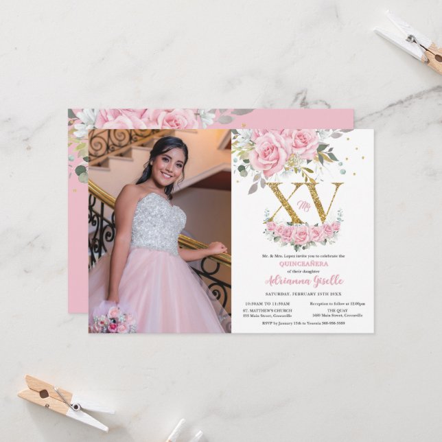 Baby Pink Floral Gold XV Quinceaera Quince Photo Invitation | Zazzle
