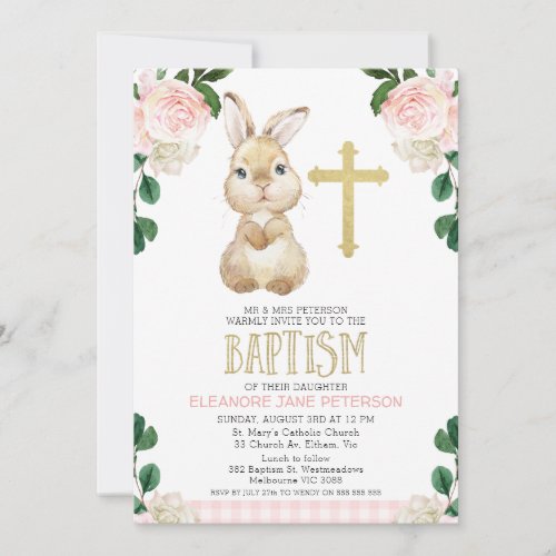 Baby Pink Floral Plaid Bunny Rabbit Baptism Invitation
