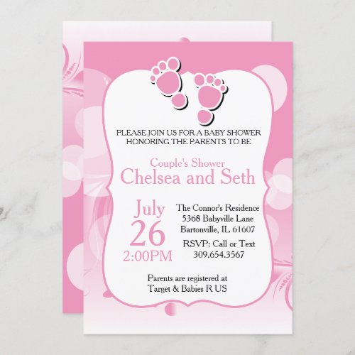 Baby Pink Florid Pattern  Baby Feet  Baby Shower Invitation