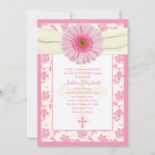 Baby Pink Gerbera Ivory Baptism Invitation