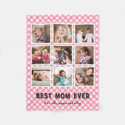 Baby Pink Gingham Best Mom Ever Photo Collage Fleece Blanket