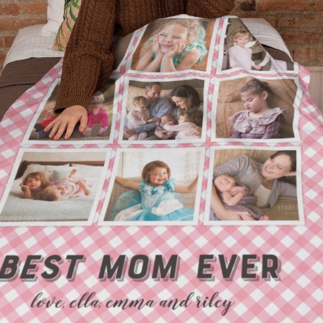 Baby Pink Gingham Best Mom Ever Photo Collage Fleece Blanket (Creator Uploaded)
