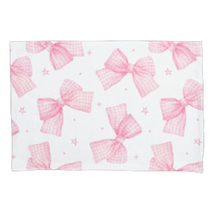 Baby Pink gingham Bows and Stars Pillow Case