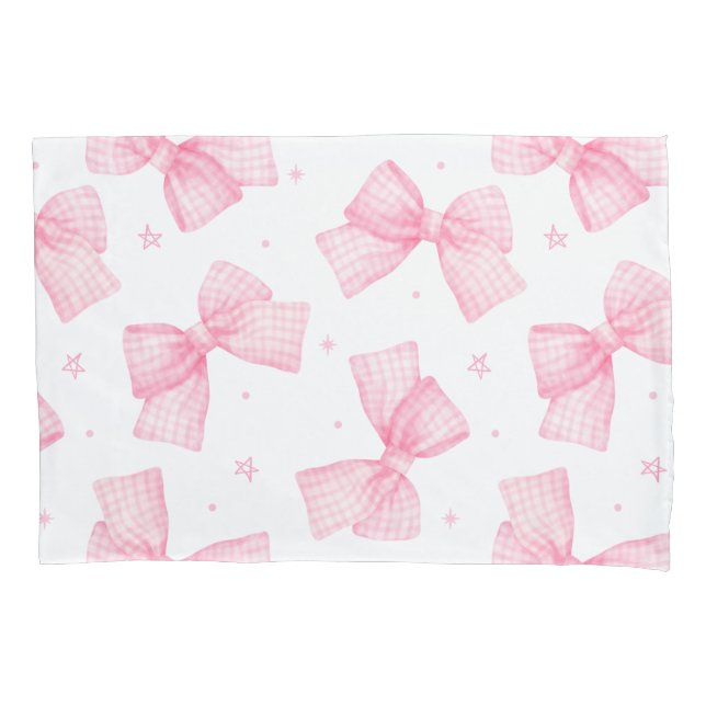 Baby Pink gingham Bows and Stars Pillow Case (Front)