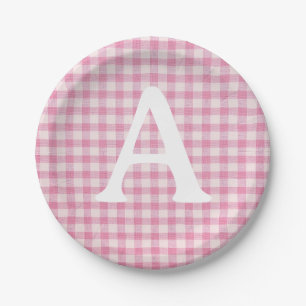 Baby Pink Gingham Custom Initial Paper Plates
