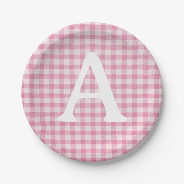 Baby Pink Gingham Custom Initial Paper Plates (Front)