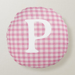 Baby Pink Gingham Initial Custom Round Pillow