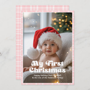 Baby Pink Gingham My First Christmas Baby Holiday Card