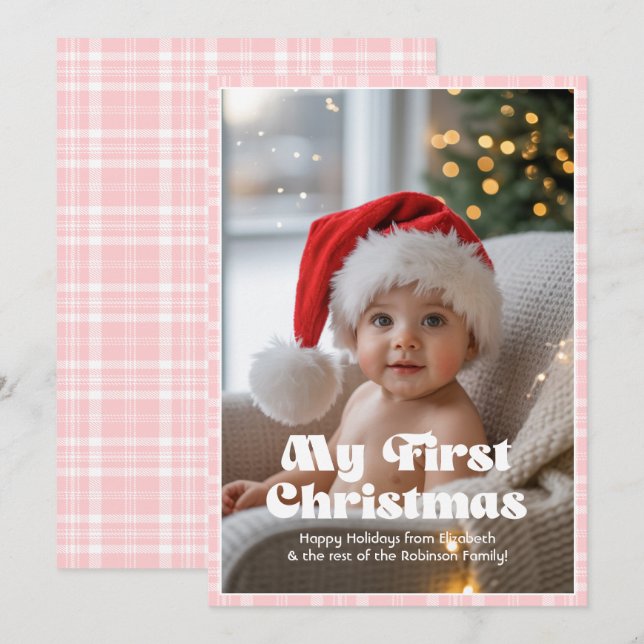 Baby Pink Gingham My First Christmas Baby Holiday Card (Front/Back)