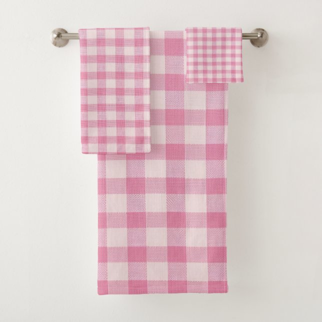 Baby Pink Gingham Pattern Bath Towel Set (Insitu)