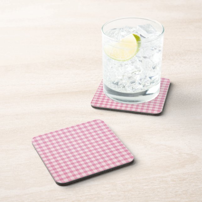 Baby Pink Gingham Pattern Beverage Coaster (Right Side)