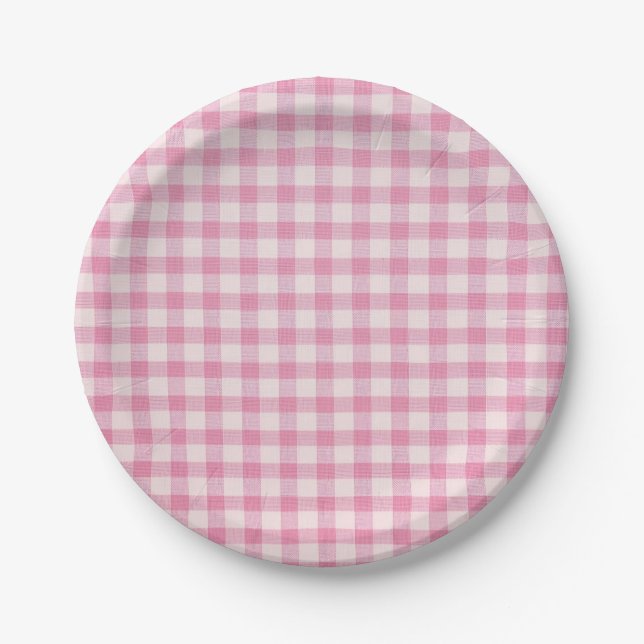 Baby Pink Gingham Pattern Paper Plates (Front)