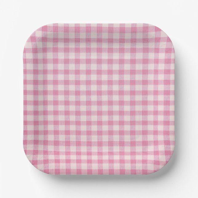 Baby Pink Gingham Pattern Paper Plates (Front)