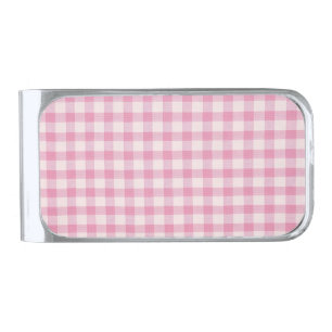 Baby Pink Gingham Pattern Silver Finish Money Clip
