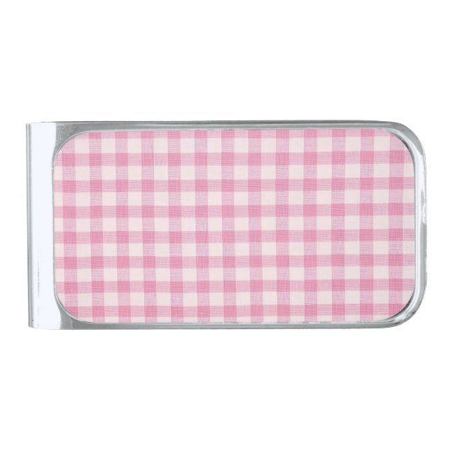 Baby Pink Gingham Pattern Silver Finish Money Clip (Front)