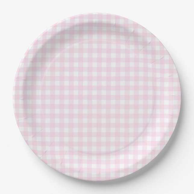 Baby Pink Gingham Plaid Paper Plates (Front)