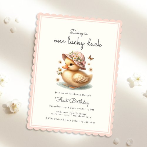 Baby Pink Girl Lucky Duck First Birthday Invitation