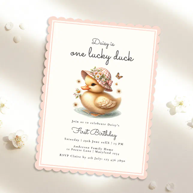 Baby Pink Girl Lucky Duck First Birthday Invitation | Zazzle