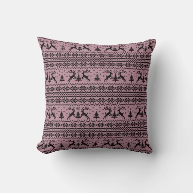 Baby Pink Girl Reindeer Sweater Looking Christmas  Throw Pillow (Front)
