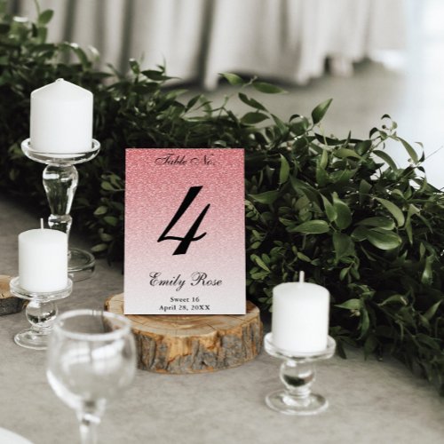 Baby Pink Glam Glitter Table Number Card