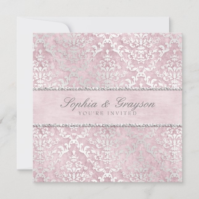 Baby Pink Glimmer Damask Wedding Invite (Front)
