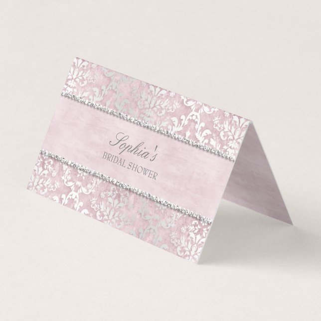 Baby Pink Glimmer Damask Wedding Place Card (Front)