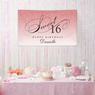 Baby Pink Glitter Sweet 16 Personalized Birthday Banner