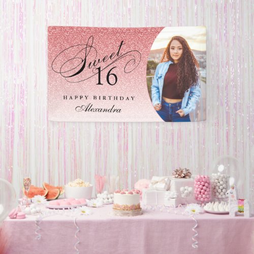 Baby Pink Glitter Sweet 16 Personalized Photo Banner