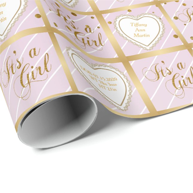 Baby Pink & Gold Confetti - Baby Girl Wrapping Paper (Roll Corner)