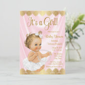 Baby Pink Gold Tutu Pearl Baby Shower Invitation (Standing Front)