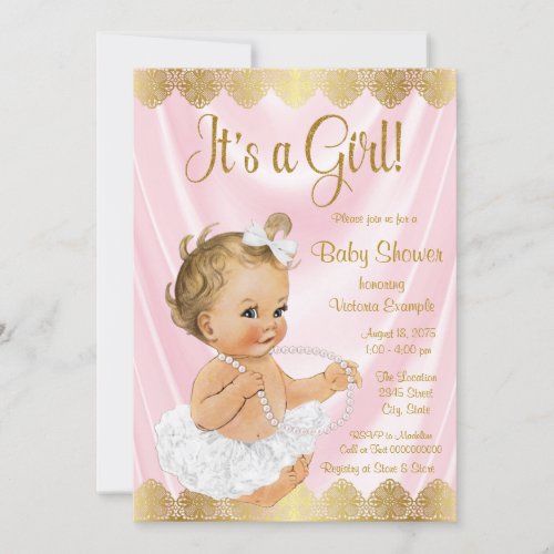 Baby Pink Gold Tutu Pearl Baby Shower Invitation