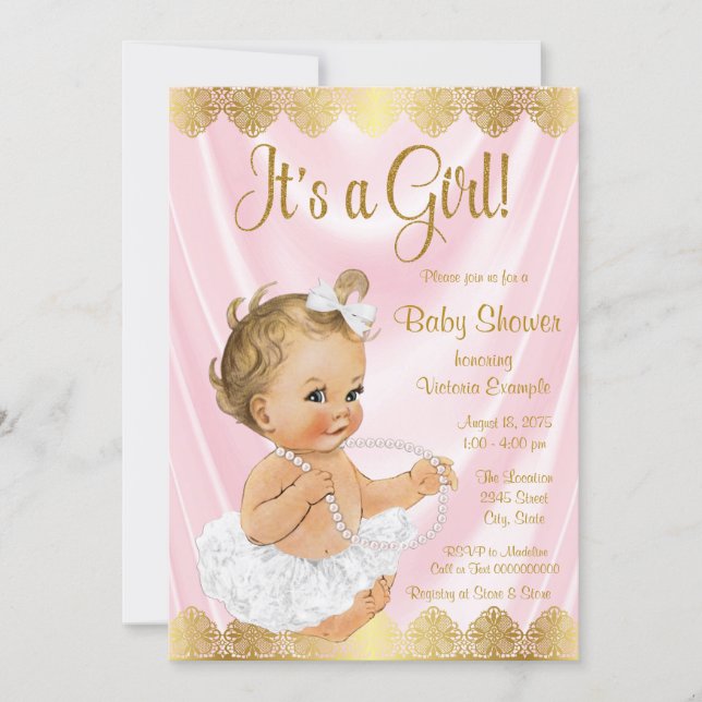 Baby Pink Gold Tutu Pearl Baby Shower Invitation (Front)