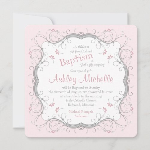 Baby Pink Grey Scroll Floral Baptism Invitation