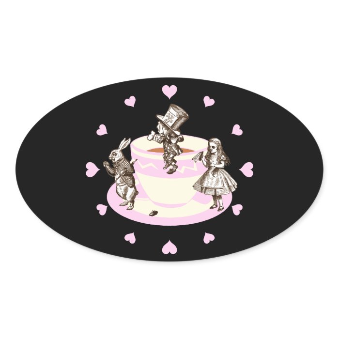 Baby Pink Hearts Around a Mad Tea Party Oval Stickers
