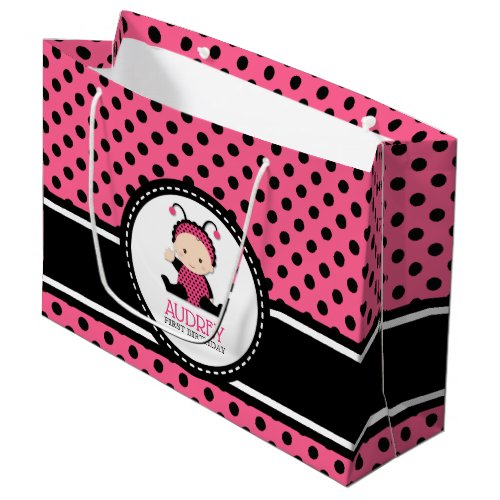 Baby Pink Ladybug First Birthday Baby Shower Large Gift Bag