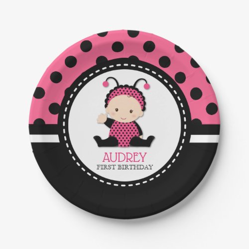 Baby Pink Ladybug First Birthday Baby Shower Paper Plates