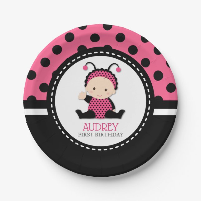 Baby Pink Ladybug First Birthday Baby Shower Paper Plates (Front)