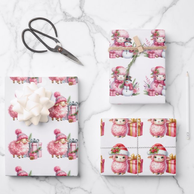 Baby Pink Lambs Christmas Kids Wrapping Paper Sheets (Front)